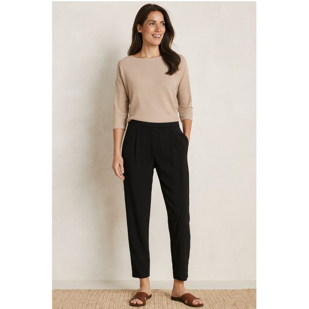 Garnet Hill Black 100% Silk Pleated Front Straight Leg Pants Size 6 Luxury